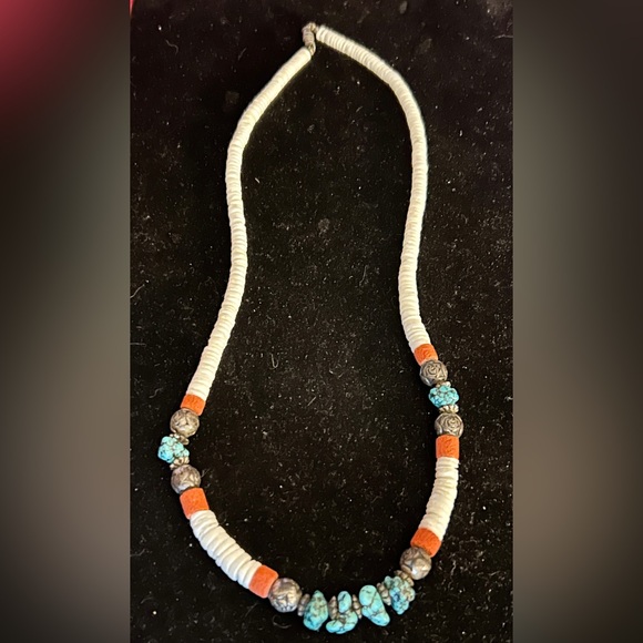 VINTAGE SANTO DOMINGO TURQUOISE, CORAL, &
HEISHI NECKLACE - Picture 2 of 3